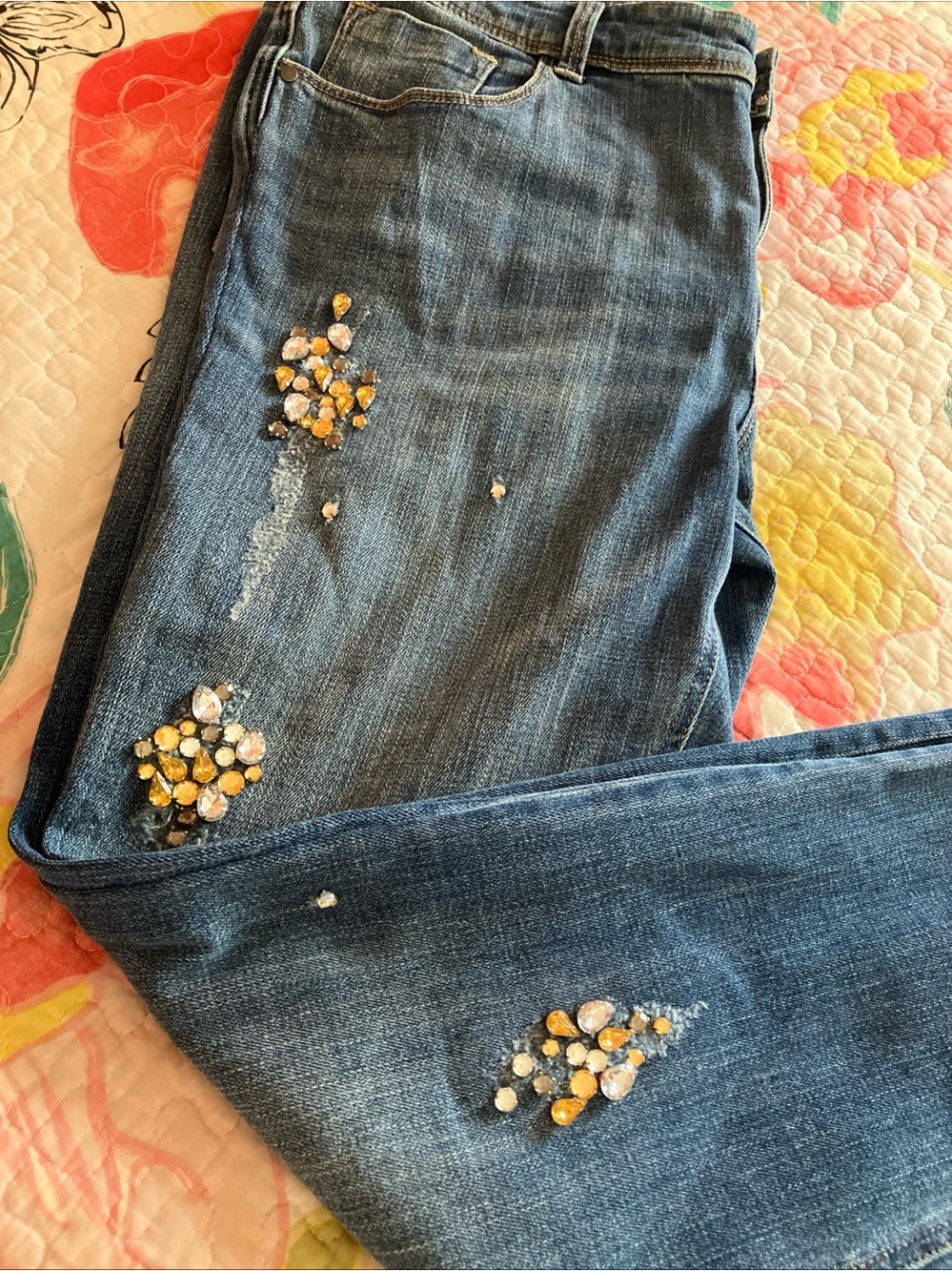 Chicos’s Embellished Boyfriend Blue Women’s Jeans with Yellow Accent Rhinestone